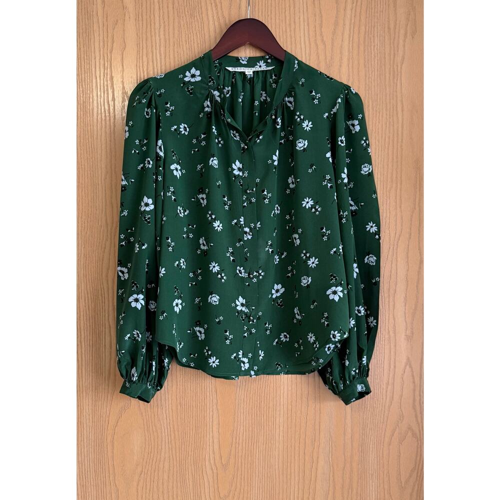 Veronica Beard | SZ 2 | Ashlynn Floral Silk Blouse Green White Button Front - Picture 2 of 11